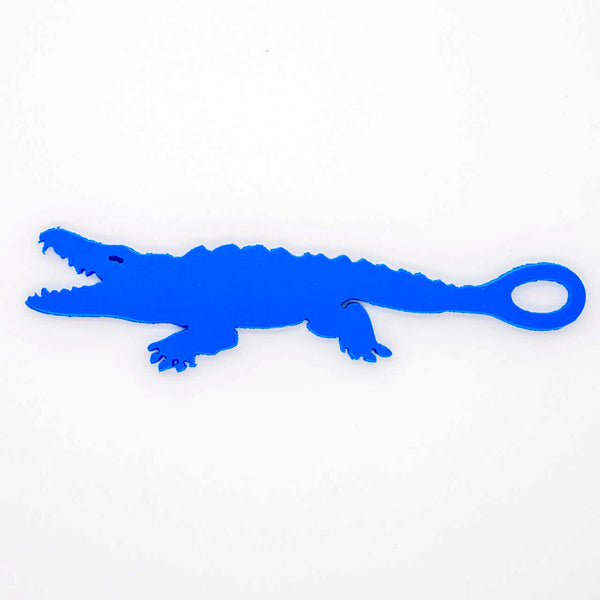 Alligator shaped goggle tag to identify your goggles when you leave them on the pool deck. Get your Swim Loops goggle tags at www.swimloops.com.