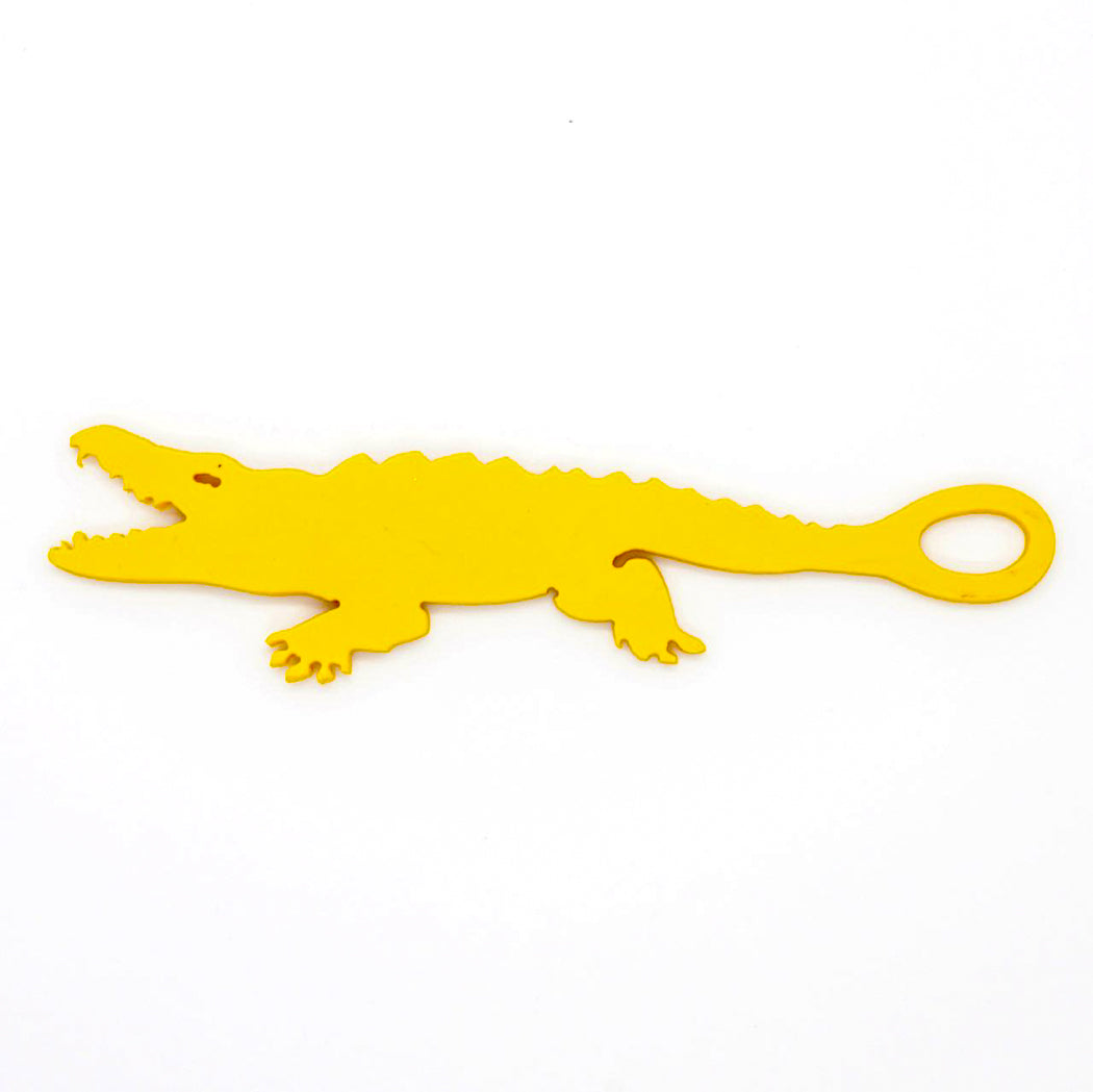 Alligator shaped goggle tag to identify your goggles when you leave them on the pool deck. Get your Swim Loops goggle tags at www.swimloops.com.