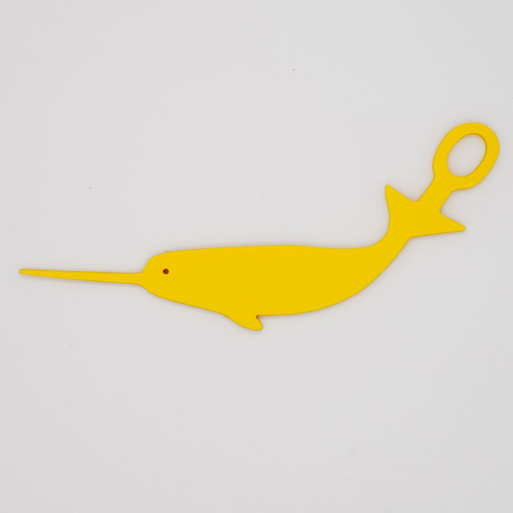 Yellow narwhal shaped Swim Loops goggle tag to label swim goggles