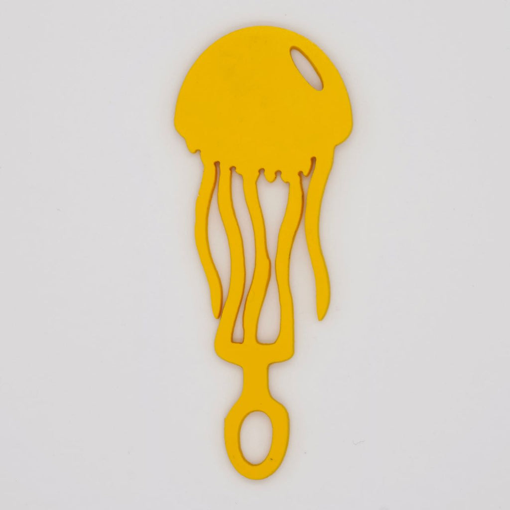 Yellow jellyfish shaped Swim Loops goggle tag to label swim goggles