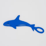 Blue orca shaped Swim Loops goggle tag to label swim goggles
