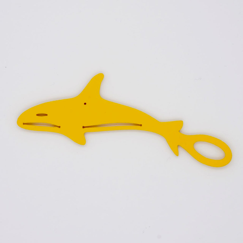 Yellow orca shaped Swim Loops goggle tag to label swim goggles