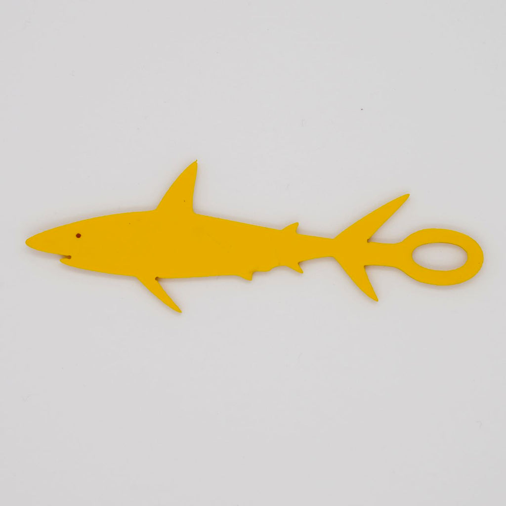 Yellow shark shaped Swim Loops goggle tag to label swim goggles