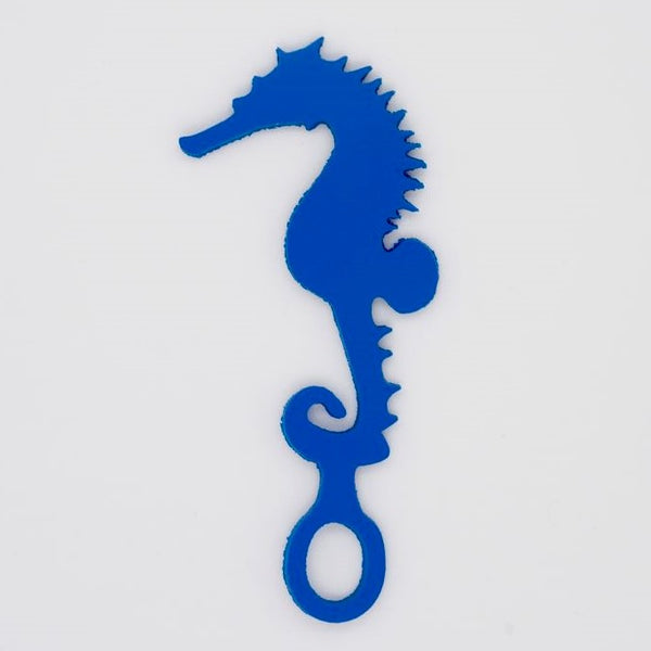Blue seahorse shaped Swim Loops goggle tag to label swim goggles