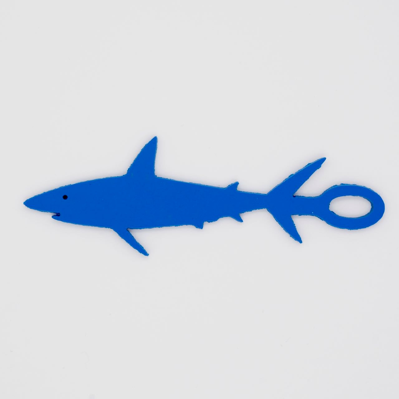 Blue shark shaped Swim Loops goggle tag to label swim goggles