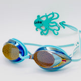 Sea foam green octopus shaped Swim Loops goggle tag to label swim goggles with name written on it attached to swim goggles