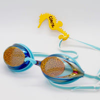 Yellow seahorse shaped Swim Loops goggle tag to label swim goggles with name written on it attached to swim goggles
