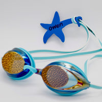 Blue starfish shaped Swim Loops goggle tag to label swim goggles with name written on it attached to swim goggles