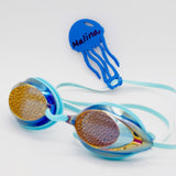 Blue jellyfish Swim Loops goggle tag with name written on it attached to swim goggles