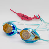 Dark pink narwhal shaped Swim Loops goggle tag to label swim goggles with name written on it attached to swim goggles